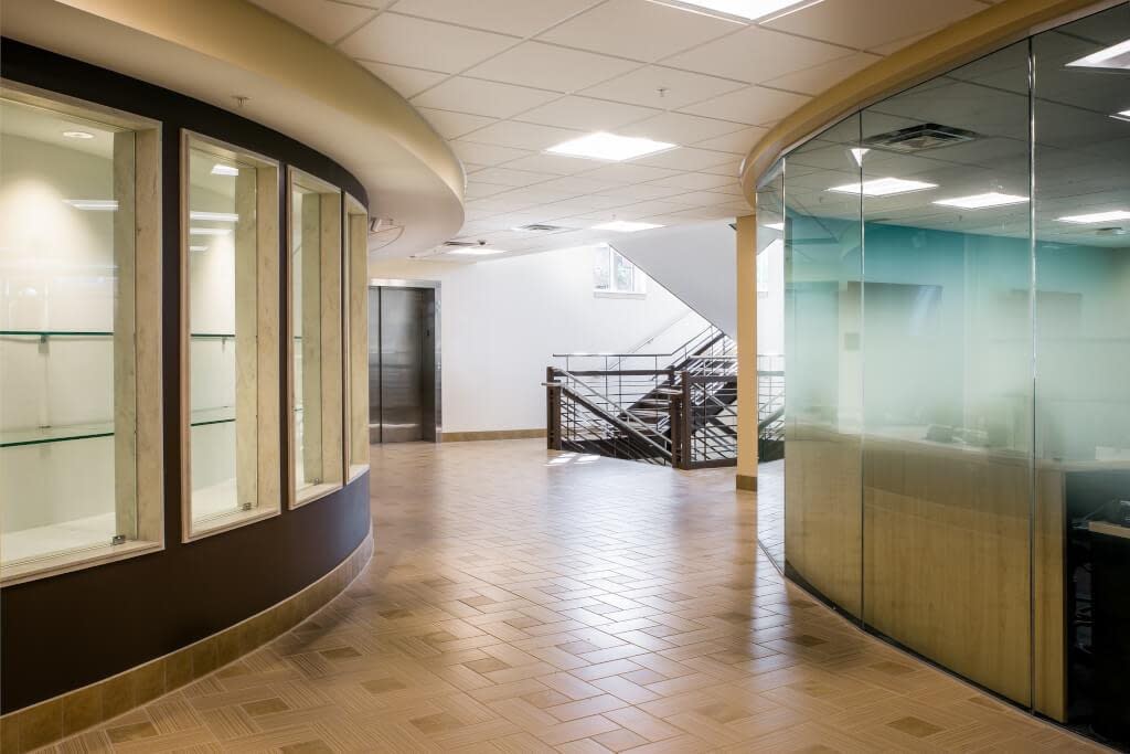 Higher Education academic building, SUNY Brockport Neff and Lathrop Hall Main Corridor computer lab dramatic stair