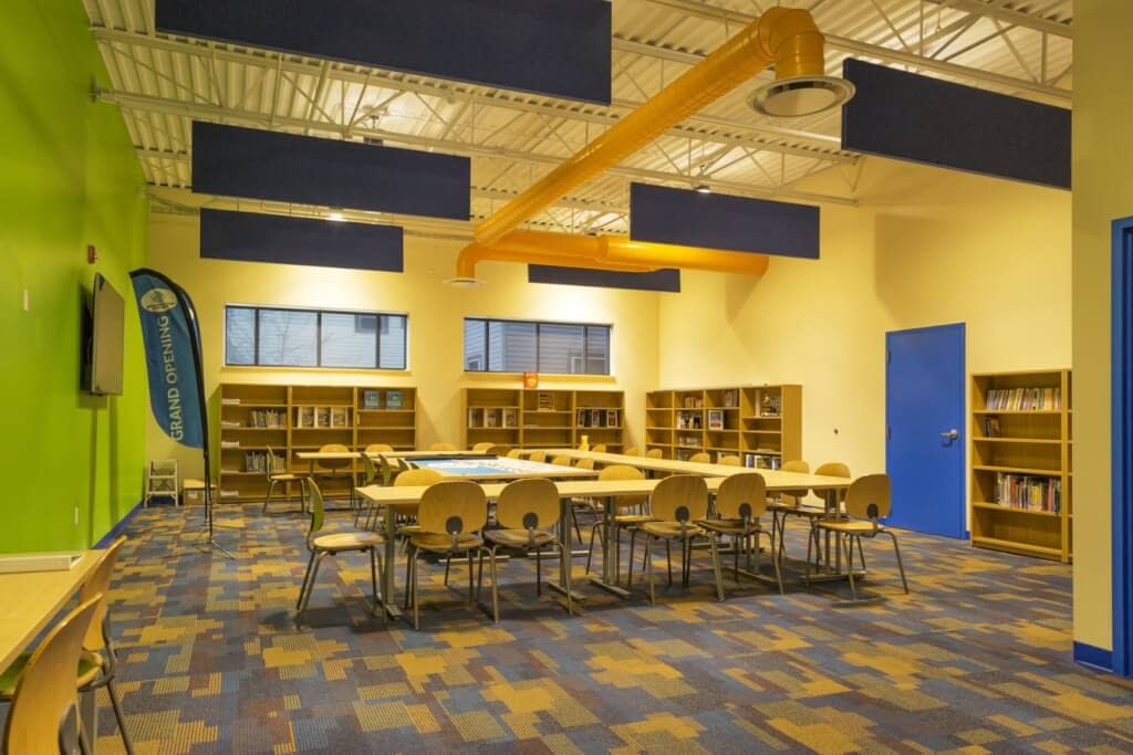 Library of Boys and Girls Club of Rochester NY bright colors and exposed structure