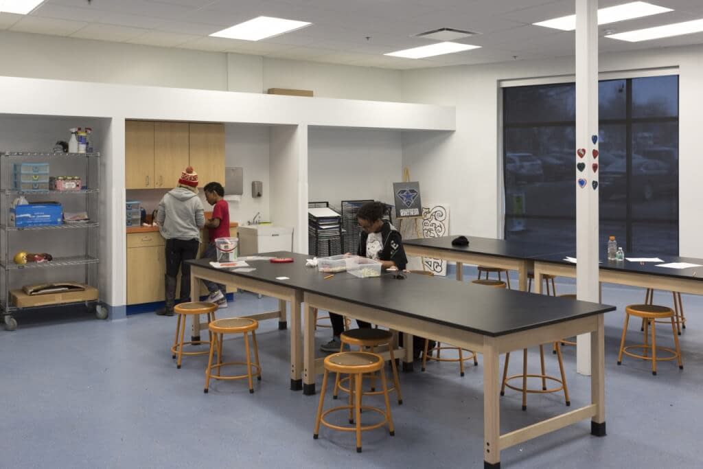 Art room Boys and Girls Club of Rochester NY durable flooring sturdy tables